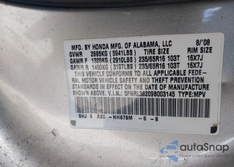 2009 Honda Odyssey Lx z USA, uszkodzony, nr VIN 5FNRL38209B003145